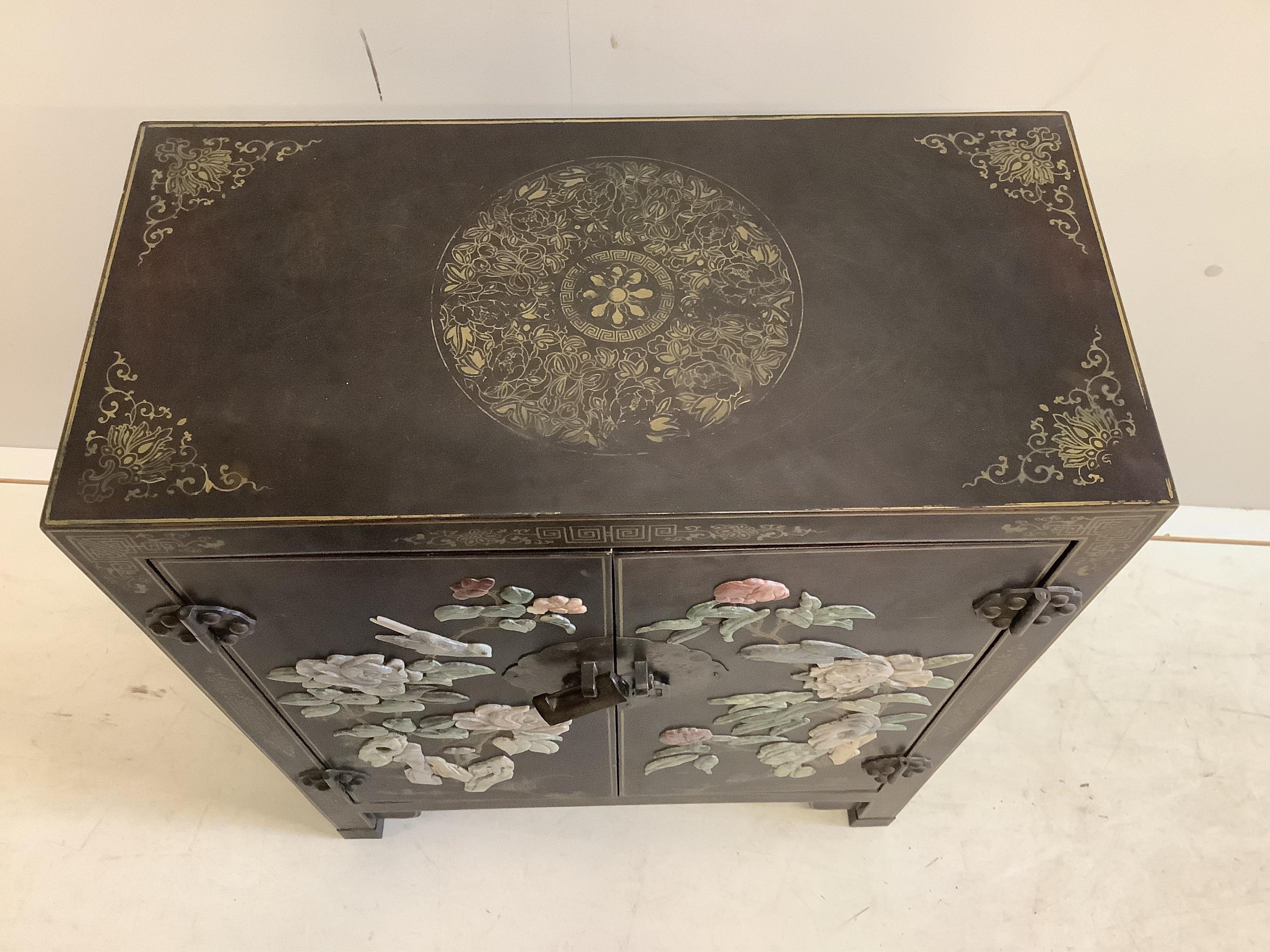 A Chinese hardstone mounted side cabinet, width 59cm, depth 29cm, height 77cm. Condition - fair to good